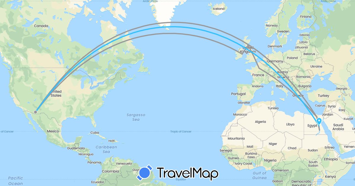 TravelMap itinerary: driving, plane, boat in Egypt, France, United Kingdom, Ireland, United States (Africa, Europe, North America)